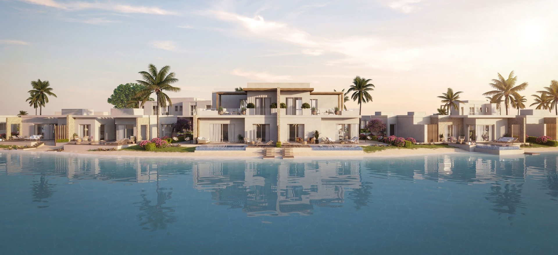 Fanar Views villas reflected in the lagoon